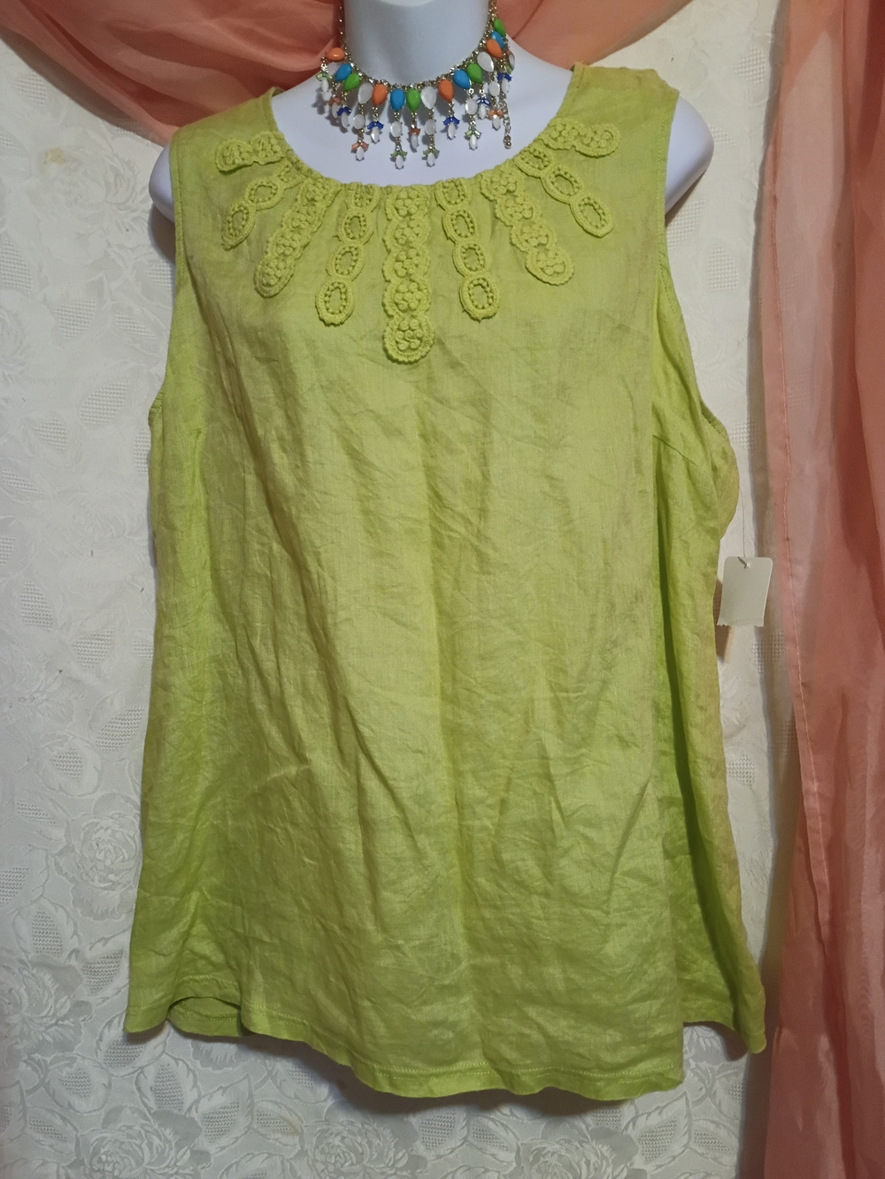 Coldwater Creek Ladies Lime Green Linen Crochet Yoke Tank Sz 2X